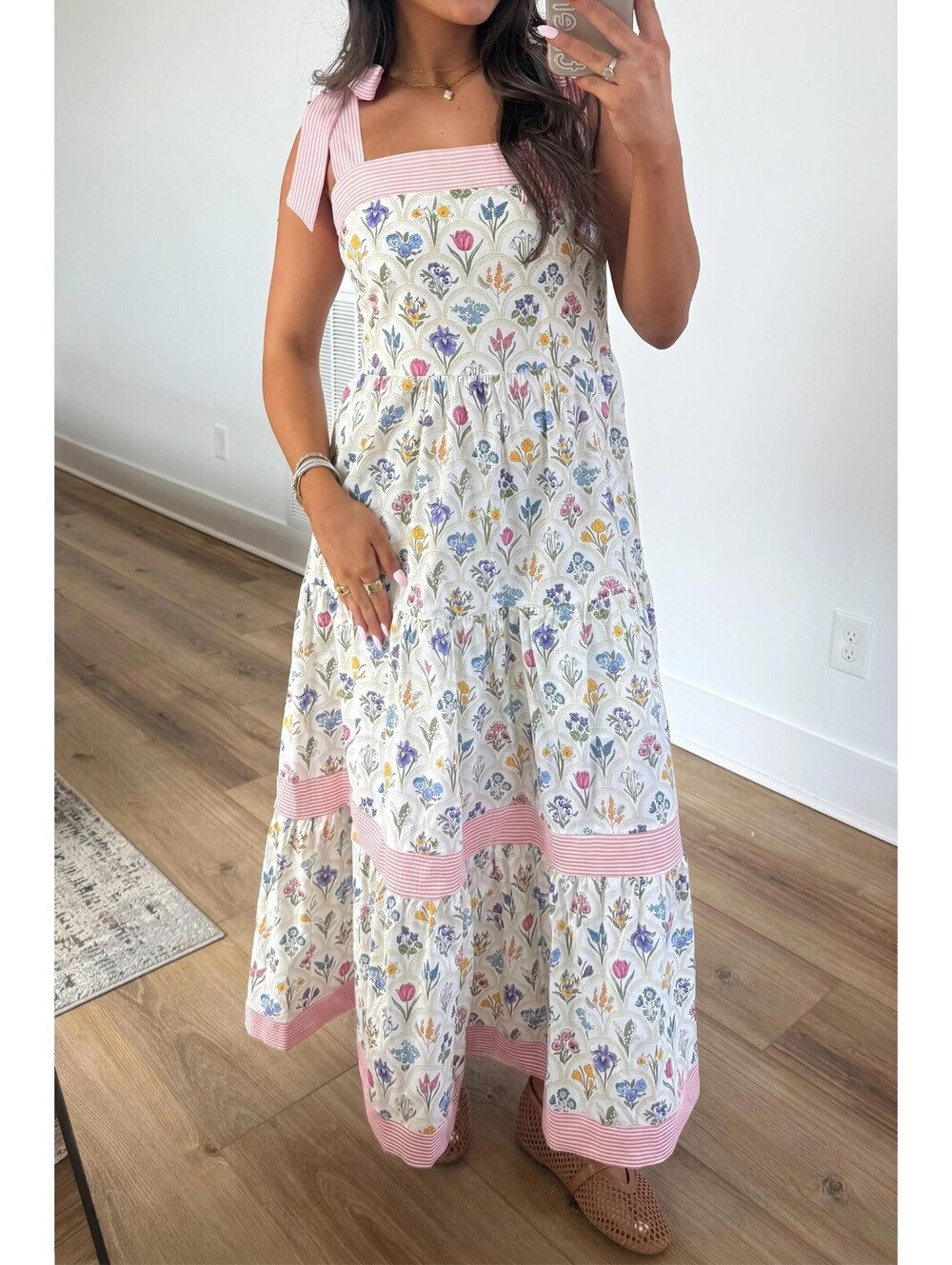 Women's Floral Print Maxi Dress with Pink Trim and Shoulder Ties [COPY] - Picture 4 of 4
